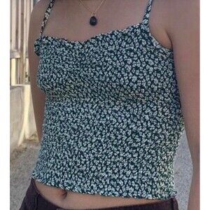 Reformation Women's Green Ruched Crop Top with White Flowers, Size 4 NWOT